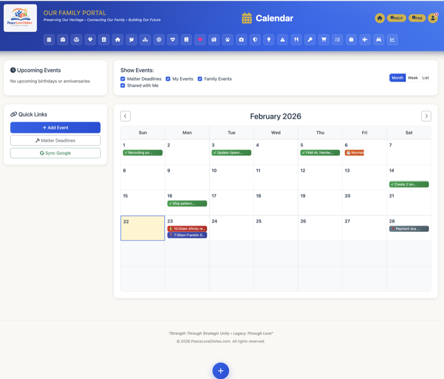 Calendar — PeaceLoveDishes portal screen
