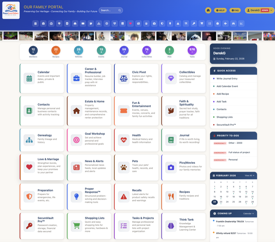 Family Dashboard — PeaceLoveDishes portal screen