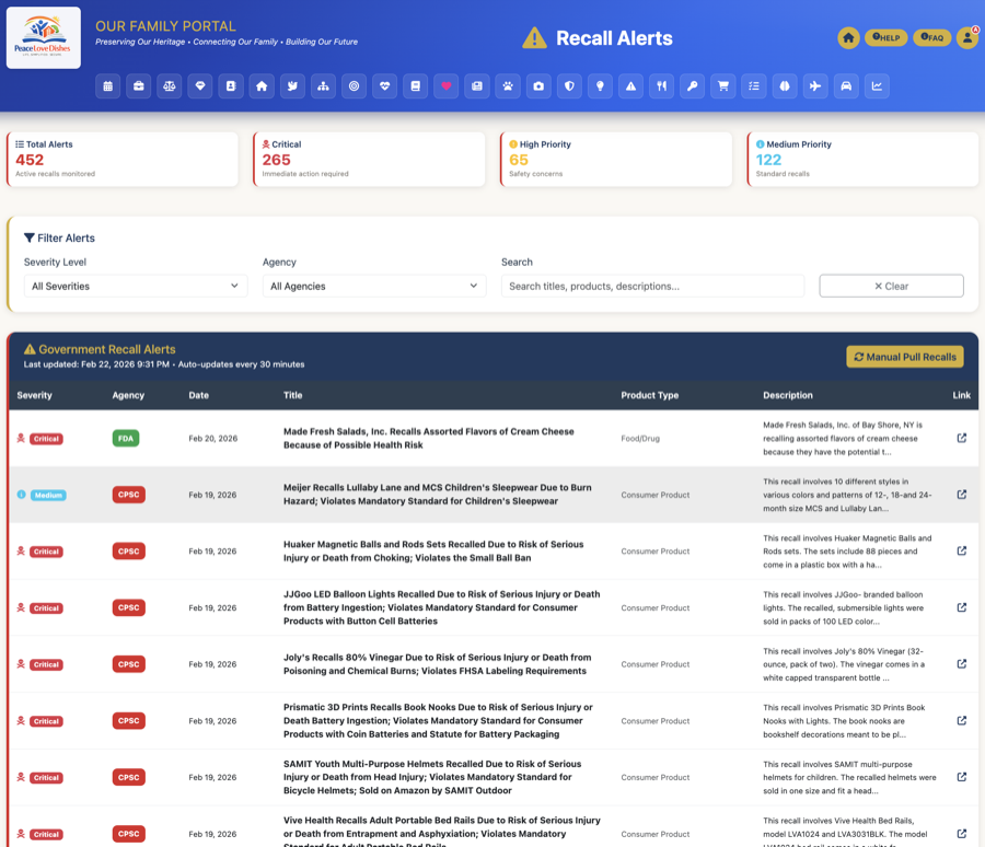 Recall Alerts — PeaceLoveDishes portal screen